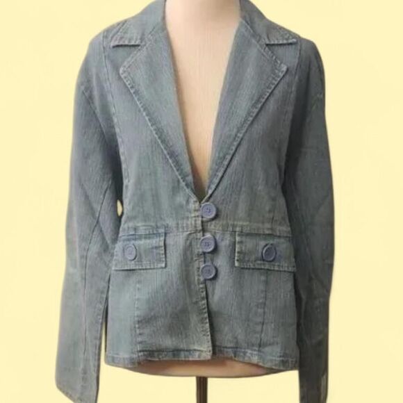 Bill Blass Y2K Vintage Plunge V-Neck Light Wash Cotton Denim Jacket/Blazer - Picture 1 of 5